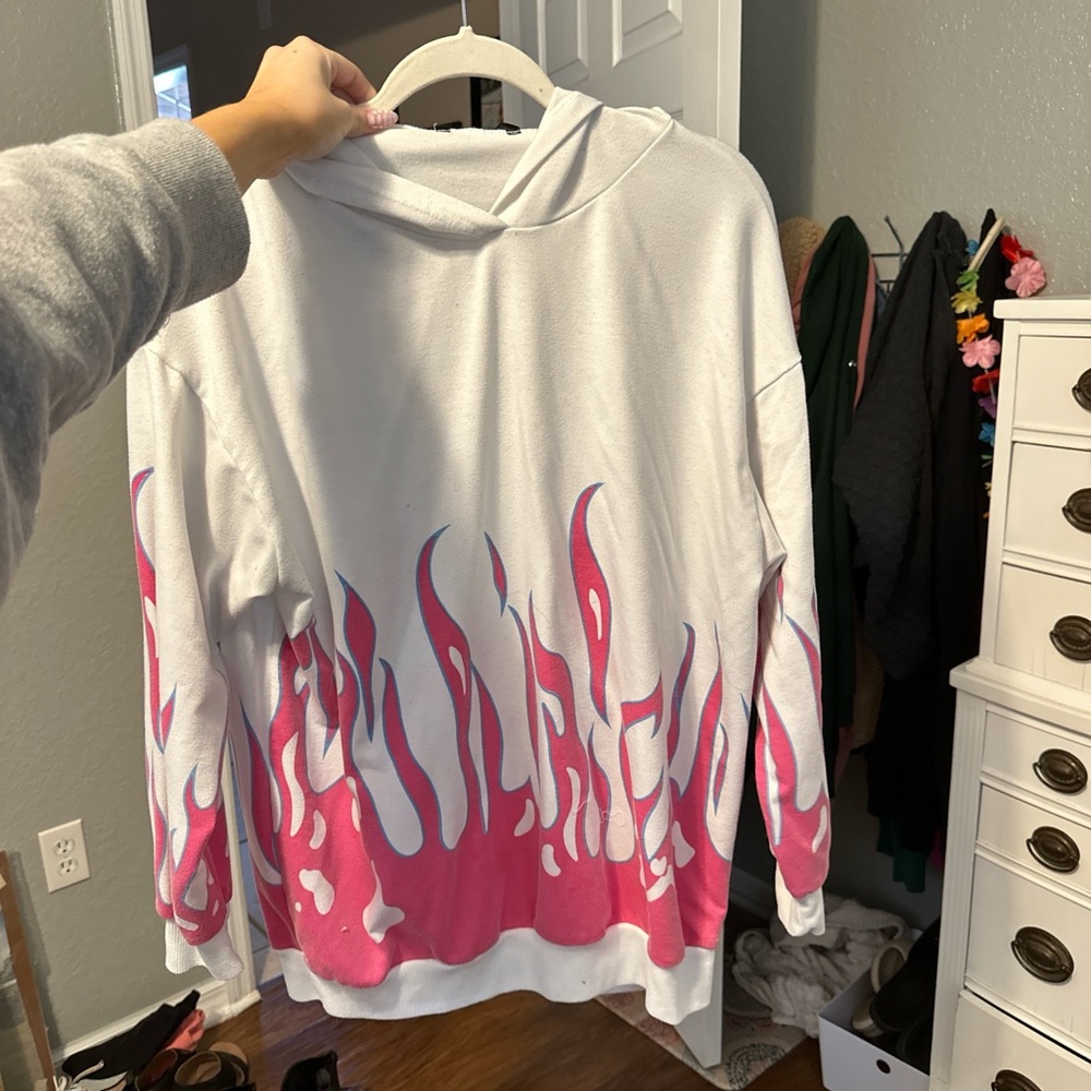 White Hoodie with Pink Flame Design